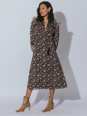 Cleobella Lotus Midi Dress Lolita Block Print Long Sleeve Organic Cotton Lined